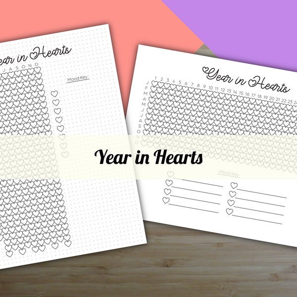 Year in Hearts, Year in Pixels, Yearly Mood Tracker, Printable Planner Insert