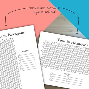 K&ouml;nnte beinhalten: Zwei druckbare Seiten mit einem Jahreskalender-Design in Hexagonen. Die erste Seite hat ein vertikales Layout und die zweite Seite ein horizontales Layout. Beide Seiten haben einen Stimmungs-Schl&uuml;sselbereich.