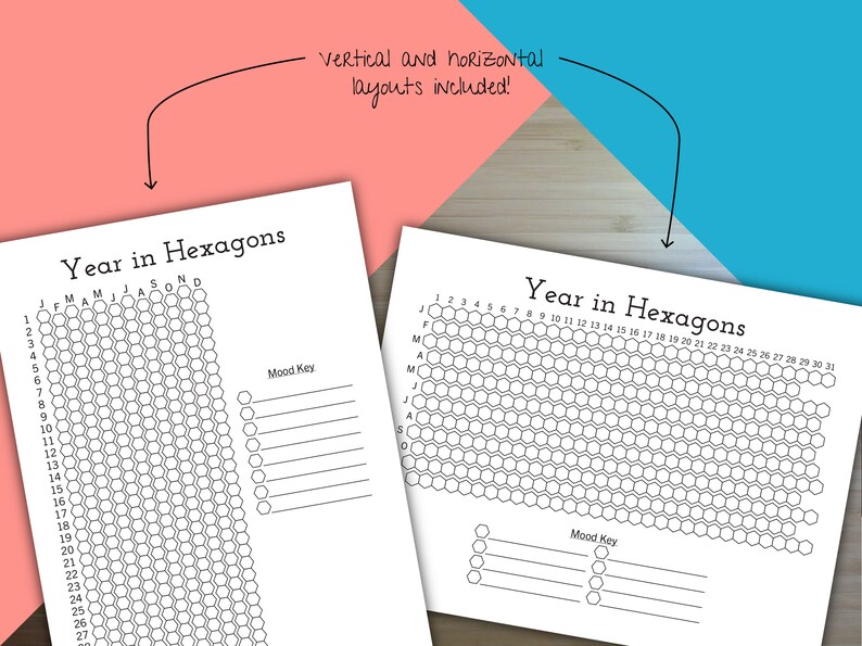 K&ouml;nnte beinhalten: Zwei druckbare Seiten mit einem Jahreskalender-Design in Hexagonen. Die erste Seite hat ein vertikales Layout und die zweite Seite ein horizontales Layout. Beide Seiten haben einen Stimmungs-Schl&uuml;sselbereich.