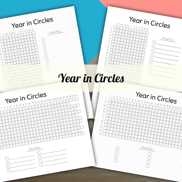 Jahr in Kreisen, Jahr in Pixeln, Jahres-Stimmungs-Tracker, druckbare Planer-Einlage