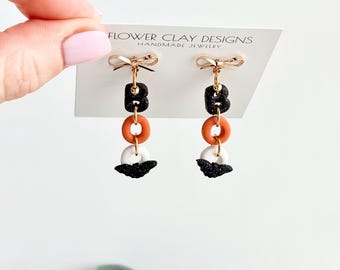 BOO Earrings, Handmade Fall Spooky Bat Halloween Dangle Clay Jewelry