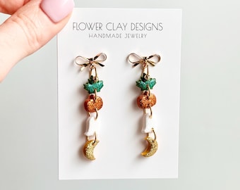 Fall Earrings with Ghost, Moon, Pumpkin, Leaf Designs Handmade Clay Earrings