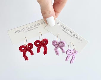 Glitter Bow Hoop Earrings: Polymer Clay Valentine's Day Jewelry