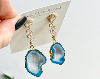 Blue Agate Geode Druzy Earrings: Handmade Statement Jewelry