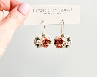 Fall Pumpkin Hoop Earrings, Handmade Fall Polymer Clay Floral Jewelry