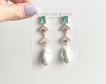 Pearl Wedding Earrings: Something Blue Bridal Jewelry Art Deco Earrings
