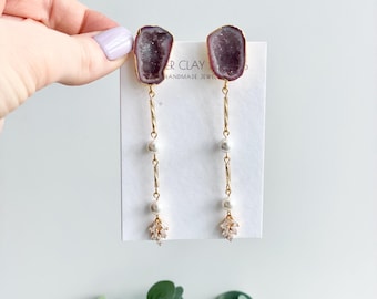 Geode Pearl Statement Earrings: Unique Geode Druzy Wedding Jewelry