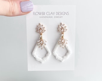 Wedding Earrings Handmade Polymer Clay Crystal and Gold Cubic Zirconia