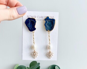Geode Pearl Statement Earrings: Unique Geode Druzy Wedding Jewelry