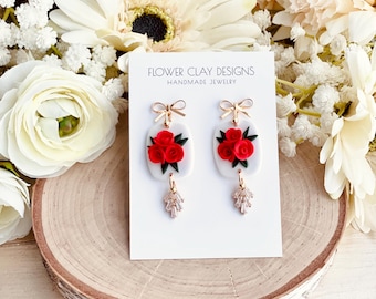 Red Floral Earrings Polymer Clay Bouquet Dangle Bow Earrings Friends Gift Red Roses Dangle Flowers Bow Earrings Fall Theme
