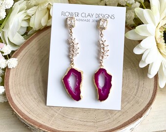 Pink Agate Geode Druzy Earrings: Statement Crystal Jewelry
