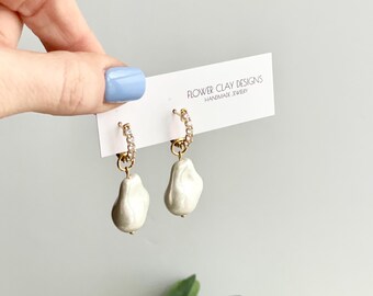 Crystal Gold Hoop Earrings: Large baroque shell pearl Bridal Jewelry
