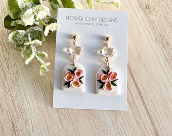 Handmade Clay Flower Earrings: Peachy Pink Floral Bouquet Dangle