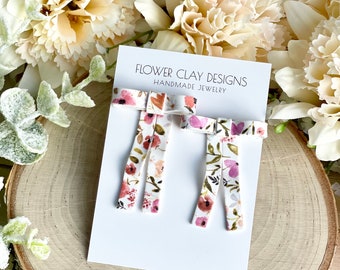 Handmade Floral Polymer Clay Bow Earrings: 18k Gold Plated Posts