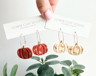 Pumpkin Hoop Clay Earrings, Handmade Gold Leaf Fall Polymer Clay Jewelry