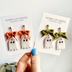 Ghost Dangle Earrings: Polymer Clay Bow, Fall Jewelry