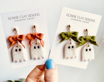 Ghost Dangle Earrings: Polymer Clay Bow, Fall Jewelry