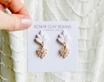 Bridesmaids Earrings: White Polymer Clay Pearl Cubic Zirconia Wedding Earrings