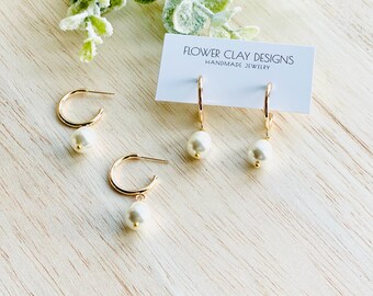 Minimalist Gold Hoop Earrings: Shell Pearl Bridal Jewelry