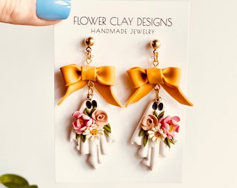 Handmade Floral Ghost Clay Earrings Fall Floral Ghost Bow Polymer Clay Autumn Ghost with Bow Earrings Fall Ghost Fall Theme Ghost