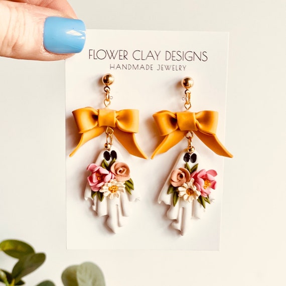 Handmade Floral Ghost Clay Earrings Fall Floral Ghost Bow Polymer Clay Autumn Ghost with Bow Earrings Fall Ghost Fall Theme Ghost