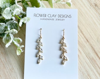 Wedding Crystal Vine Earrings: Dainty Gold CZ Bridal Jewelry