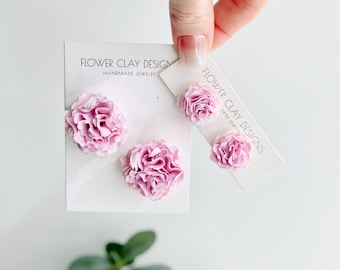 Handmade Peony Flower Stud Earrings: Garden Rose Carnation Polymer Clay Floral Bouquet Jewelry