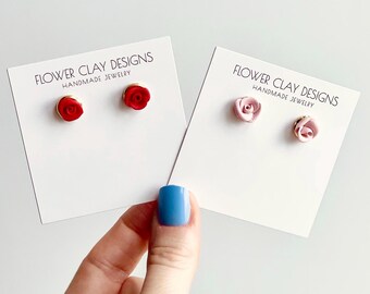 Miniature Clay Rose Stud Earrings: Handmade Floral Jewelry