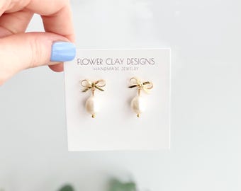 Bow Earrings: Gold Ribbon & Freshwater Pearl Dangles