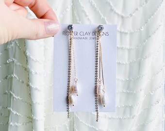 Long Dangle Bridal Earrings: Freshwater Pearls, Rhinestone Tassels