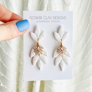 Pendientes de boda blancos: pendientes de arcilla, circonitas cúbicas, joyería nupcial bohemia
