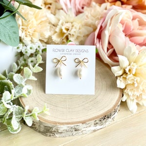 Bow Earrings FRESHWATER Pearl Bridesmaids Earrings Dainty Gold Bow Ribbon Earrings Real Pearls, Bridal Jewelry Pearls for Bride, New Boh