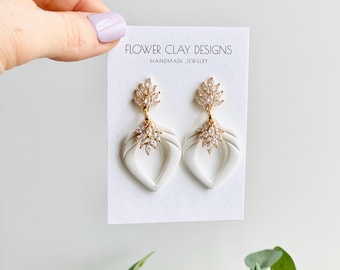 Clay Wedding Earrings: Statement Crystal and Gold Cubic Zirconia, White