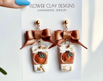 Pumpkin Spice Latte PSL Earrings, Handmade Polymer Clay Bow, Fall Earrings Dangle