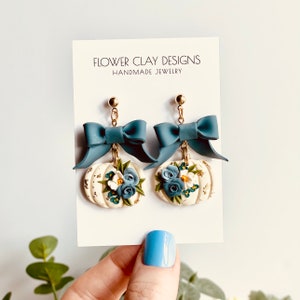 Handmade Floral Pumpkin Clay Earrings Fall Theme Floral Pumpkin Bow Earrings Dangle Polymer Clay Autumn Pumpkin Earrings Pumpkin Jewelry