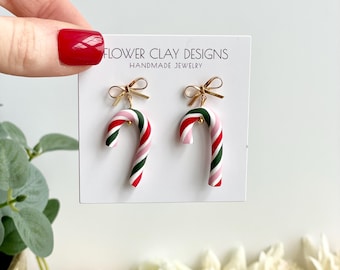 Candy Cane Polymer Clay Christmas Earrings with Bow