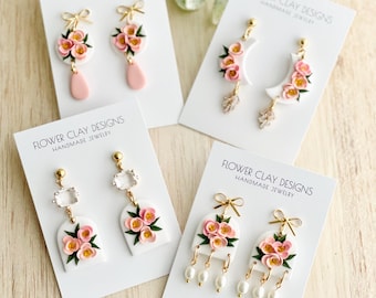 Handmade Clay Flower Earrings: Floral Bouquet Dangle Earrings