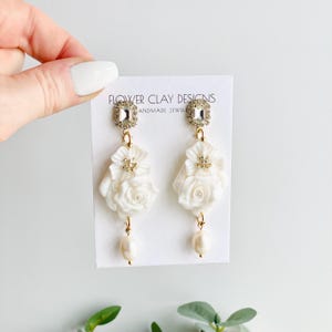 Flower Bridal Earrings: Rhinestone & Pearl Dangle Handmade