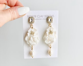 Handmade Wedding Earrings: Polymer Clay Rhinestone Pearl Dangle Earrings