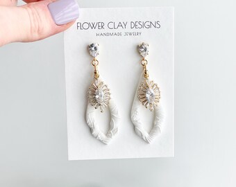 Statement Crystal Wedding Earrings: Gold Cubic Zirconia, White Pearl