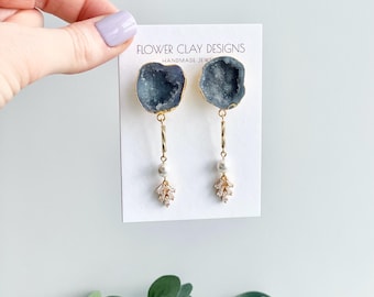 Geode Pearl Statement Earrings: Unique Geode Druzy Wedding Jewelry
