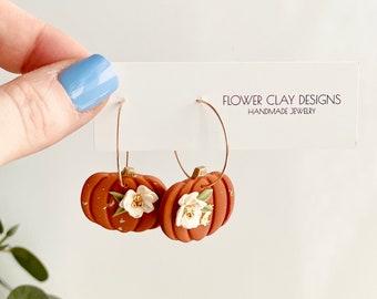 Floral Pumpkin Hoop Clay Earrings, Handmade Fall Polymer Clay Jewelry