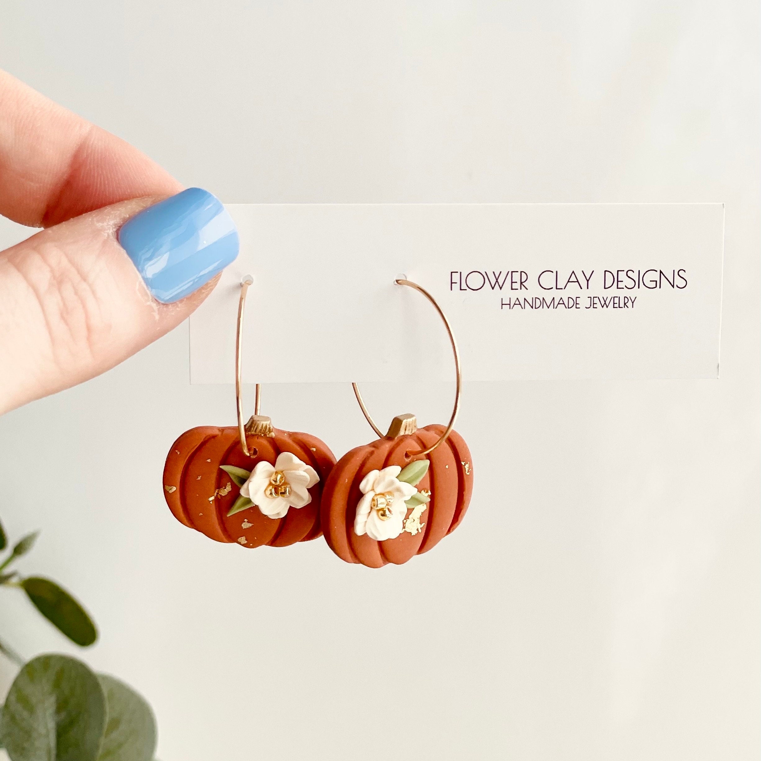 Handmade Floral Pumpkin Clay Hoops Earrings Fall Theme Floral Clay Pumpkin Earrings Dangle Polymer Clay Autumn Pumpkin Hoops Pumpkin Jewelry