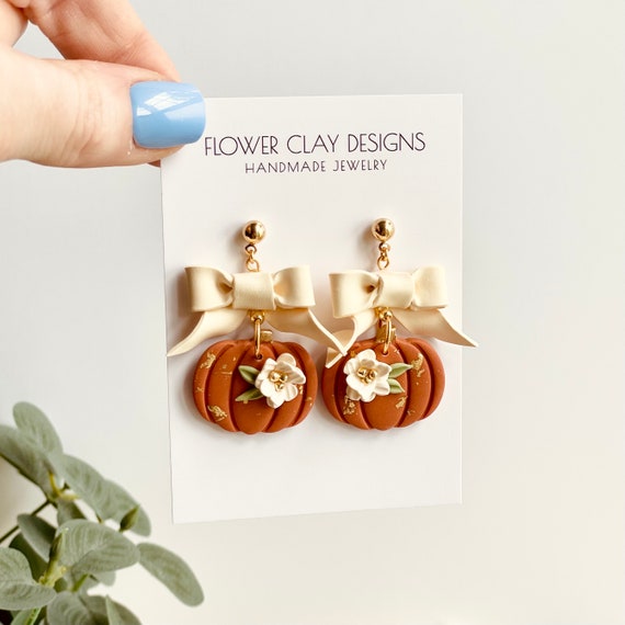 Floral Pumpkin Clay Earrings with Bow: Handmade Fall Thanksgiving Jewelry