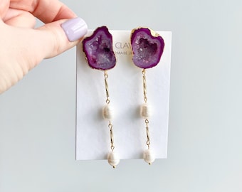 Geode Pearl Statement Earrings: Unique Geode Druzy Wedding Jewelry