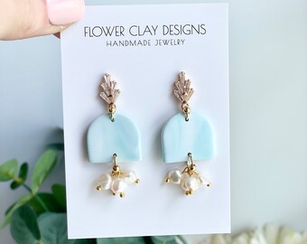 Aqua Polymer Clay Earrings: Art Deco Studs, Freshwater Pearls