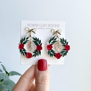 Christmas Wreath Earrings, Polymer ClayEarrings with Bow
