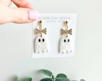 Ghost Clay Earrings with Bow, Handmade Fall Ghost Halloween Dangle Jewelry