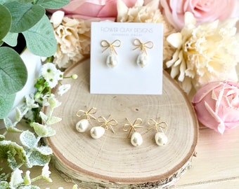 Gold Bow Shell Pearl Earrings: Dainty Bridal Jewelry