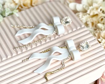 Handmade Bow Earrings: Pearl Polymer Clay Earrings Bridal Jewelry
